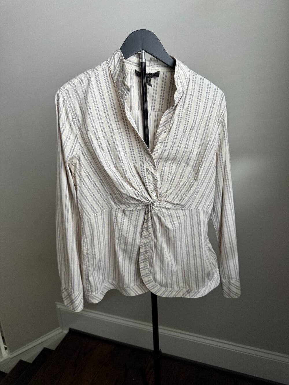 BCBGMaxAzria Button Down Tan Stripe Shirt Size Large